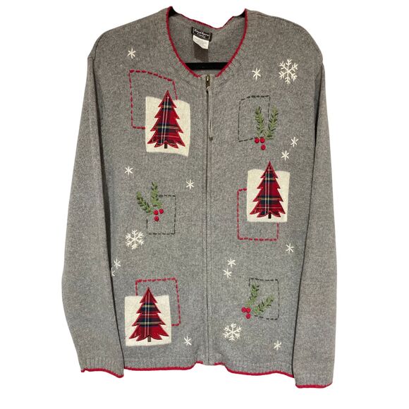 Vintage Southern Lady Christmas Knit Cardigan Sweater Gray Zip Front Large - Picture 2 of 11